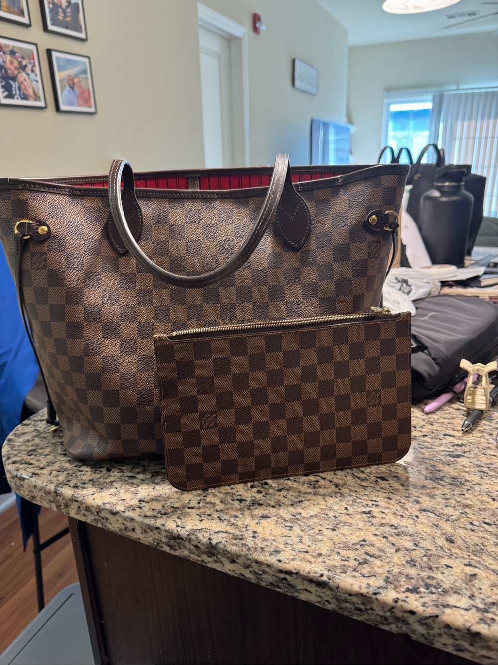 Louis Vuitton Brown Damier Ebene Tote with Matching Pouch and Red Interior